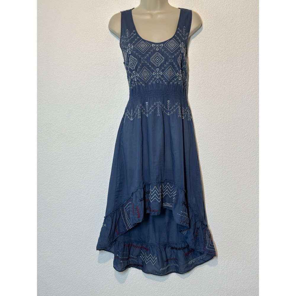Johnny Was Navy Embroidered High Low Dress